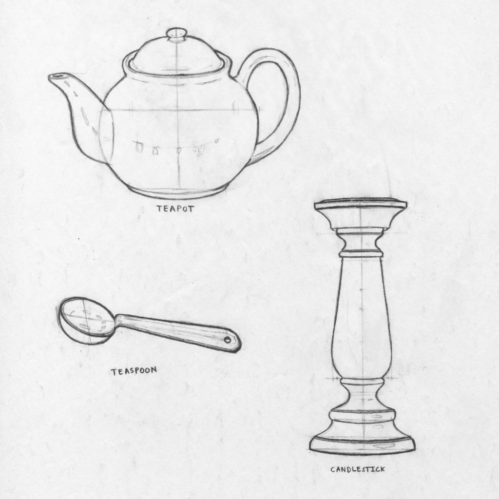 Charcoal pencil sketches of a teapot, a teaspoon, and a candlestick on white newsprint paper. The drawings include visible light construction lines and vertical/horizontal axes used to establish symmetry and proportions for each object.