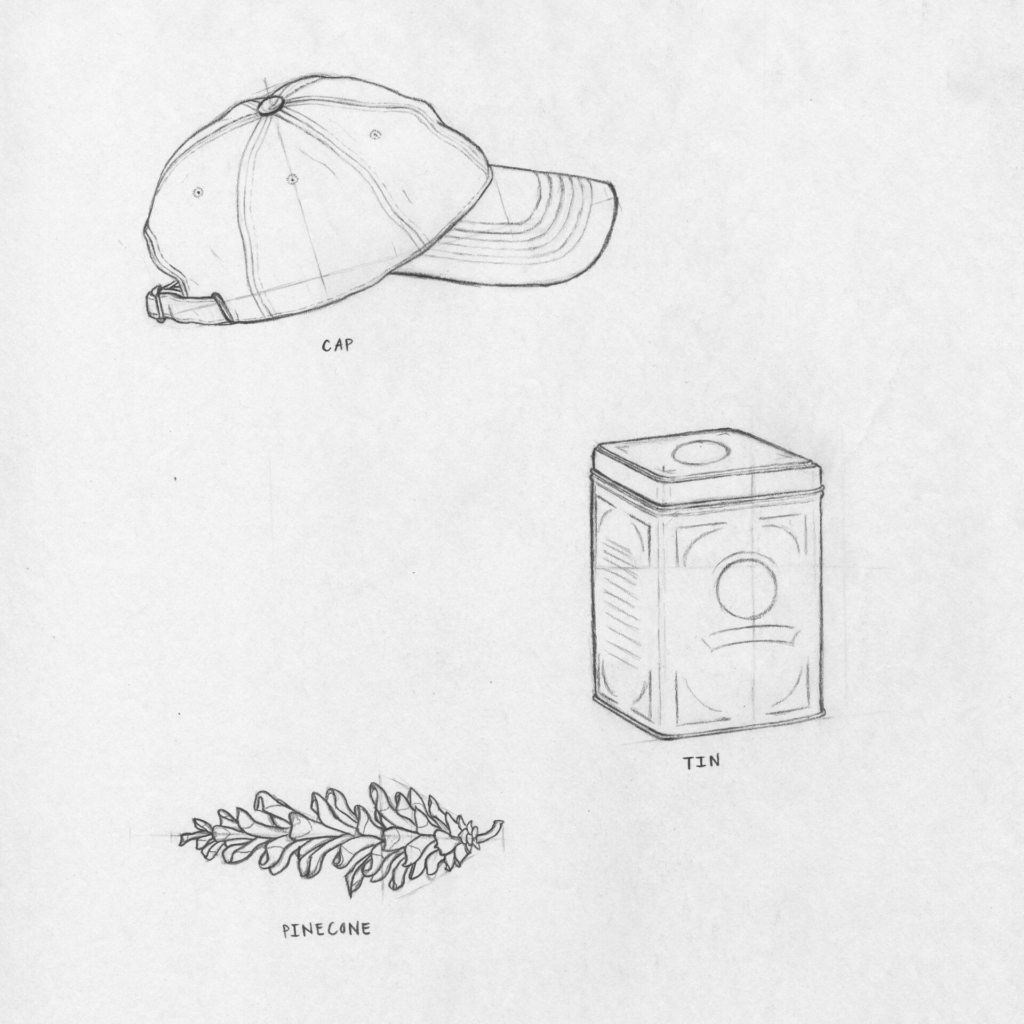 Charcoal pencil sketches of a cap, a tin, and a pinecone on white newsprint paper. The drawings include visible light construction lines and vertical/horizontal axes used to establish symmetry and proportions for each object.