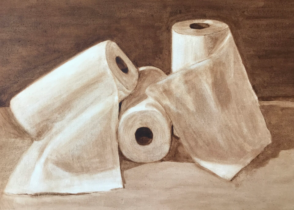 A monochromatic sepia-toned acrylic painting study of three rolls of paper towels arranged in a still life. The composition focuses on soft light, shadows, and the draped texture of the paper against a dark, painterly background.